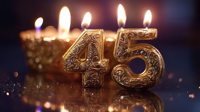 Golden number 45 candle glows warmly, reflecting celebratory mood, symbolizing birthdays, milestones, and joyful events