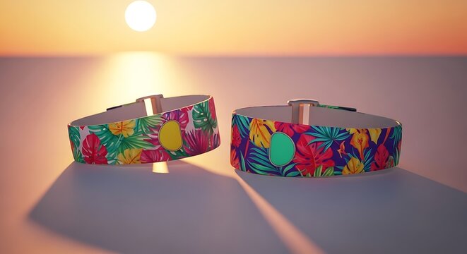 Two floral pattern wristbands resting on a smooth surface during a warm golden sunset