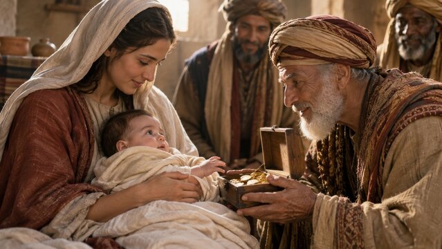 Mary cradles infant Jesus as a wise man presents a gift. Adoration of the Magi at the Nativity. Christian faith, biblical tradition and Christmas celebration. Religious storytelling.
