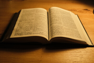 Fototapeta premium Open Bible on wooden table with warm light for study and wisdom