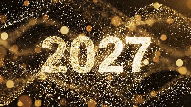 Golden Year Numbers Forming with Glittering Particles in Cinematic Motion Against Dark Background