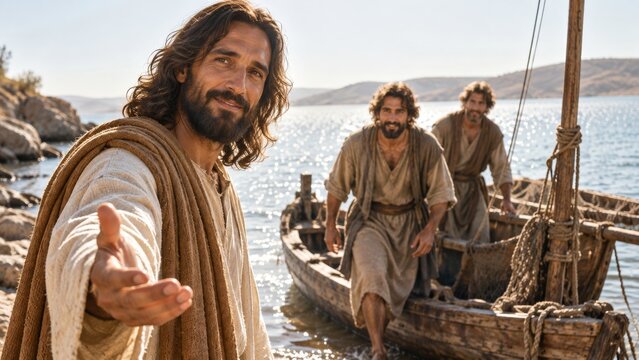 Jesus Christ inviting fishermen beside wooden boats. Calling the first disciples at the Sea of Galilee. Christian faith and biblical Gospel story. Religious teaching and discipleship.