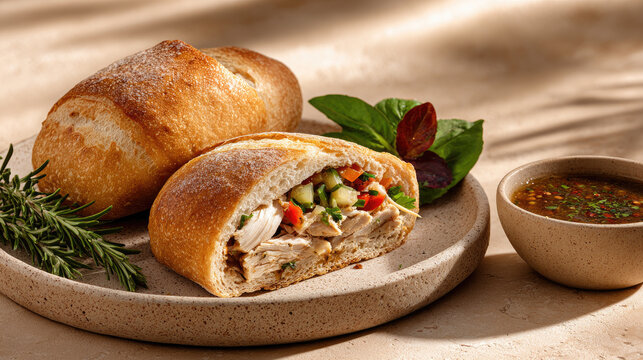 Traditional salvadoran pan con pavo or turkey bread. A rustic baguette sandwich filled with sliced turkey meat. Fresh lettuce. Tomatoes. And red cabbage. Served with a savory broth on a ceramic plate