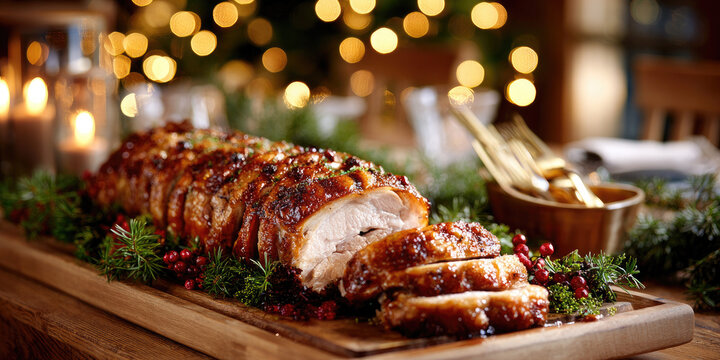 Roast pork loin beautifully glazed and scored, garnished with fresh cranberries and rosemary on a wooden board, ready for a festive holiday dinner celebration