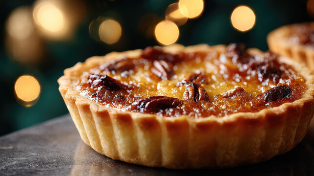 Canadian butter tart with glossy golden filling, whole pecans and a rosemary sprig, baked in a flaky shortcrust on a rustic wooden pedestal for cozy holiday baking scenes