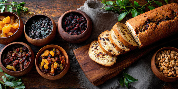 Costa rican christmas cake on a wooden board surrounded by bowls of dried fruits, nuts and spices in warm, rustic overhead flat-lay highlighting baking ingredients and textures