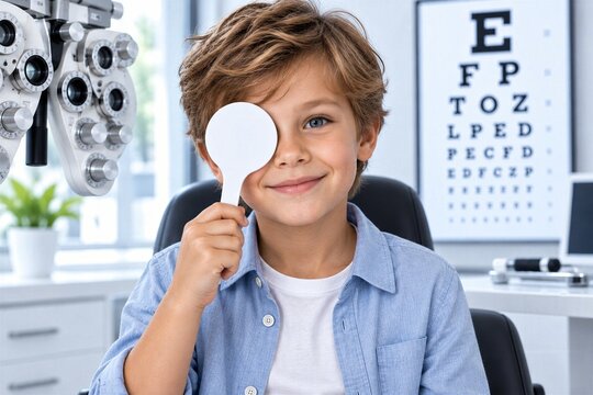 Smiling Boy Covering One Eye with Occluder During Vision Test in Optometry Clinic, Pediatric Eye Exam, Visual Acuity, Eye Health, Ophthalmology and Children&rsquo;s Vision Care Concept