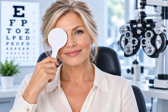 Mature Woman Covering One Eye with Occluder During Vision Test in Optometry Clinic, Eye Exam, Visual Acuity, Ophthalmology, Eye Health, Screening and Professional Vision Care Concept