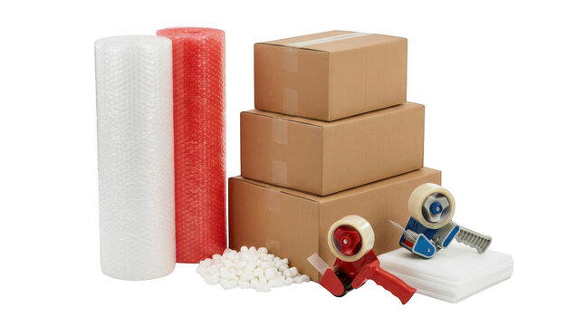 Cardboard boxes, bubble wrap, packing peanuts, and tape dispensers isolated on transparent background