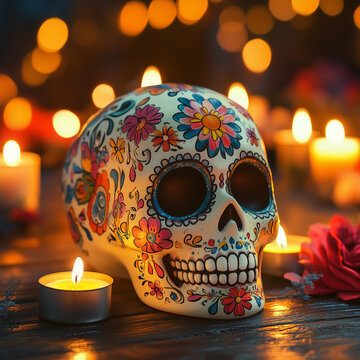 Colorful sugar skull with candles for Day of the Dead
