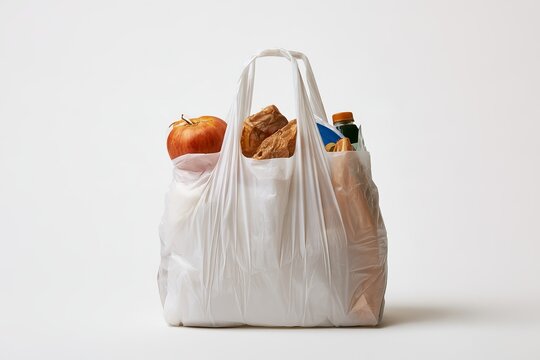 Brown Kraft Paper Bag Filled with Fresh Vegetables and Shopping Receipt Roll on White Background Food Inflation Concept