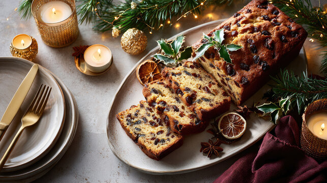 Festive christmas fruitcake sliced on a platter with white frosting, star anise, pine and dried orange, surrounded by candlelight and cozy holiday table decor