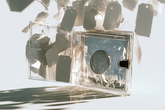 Open Transparent Glass Wallet Filled with White Price Tags and Single Gold Coin on White Background Living Cost Financial Expenses Concept