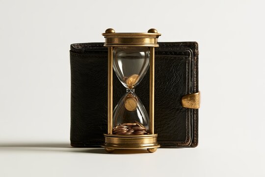 Vintage Brass Hourglass with Falling Coins in Front of Closed Black Leather Wallet on White Background Time Is Money Concept