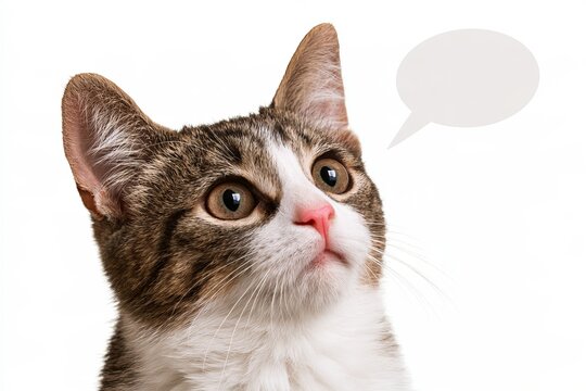 Cute Tabby Cat Looking Up at Blank Speech Bubble Thinking or Talking Macro Portrait Isolated on White Background Copy Space Pet Concept
