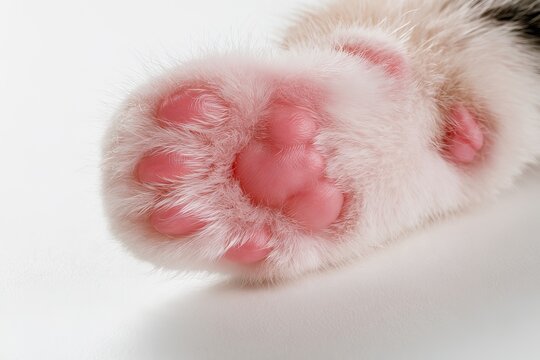 Macro Close Up View of Soft Fluffy White Cat Paw Showing Pink Pads Isolated on White Background Minimalist Cute Pet Banner