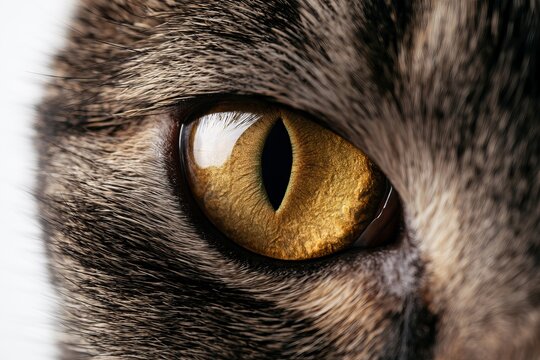 Extreme Macro Close Up View of Yellow Cat Eye with Narrow Pupil Isolated on White Background Intense Wild Pet Look Concept