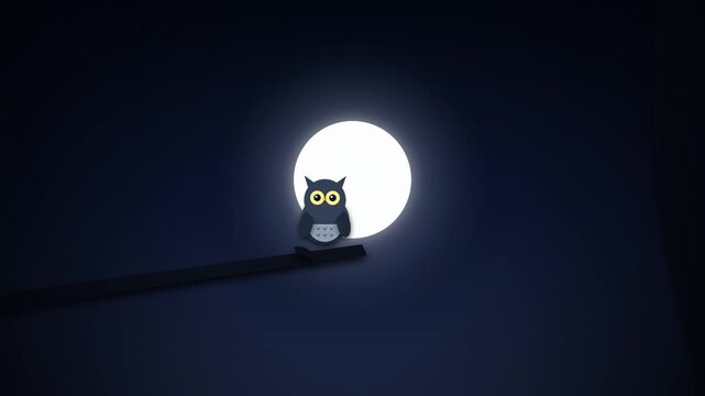 Papercut style owl sitting on a branch against a glowing full moon in a dark night sky background