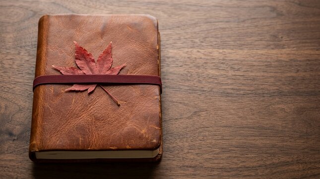 Vintage Leather Journal with Autumn Leaf on Wood Table