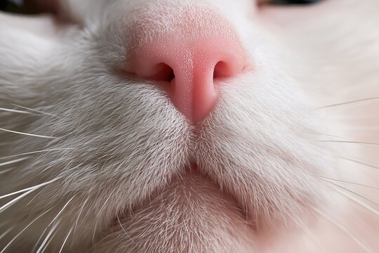 Extreme Macro Close Up View of Soft Pink Cat Nose and White Fur Texture Detailed Animal Anatomy Minimalist Cute Pet Banner
