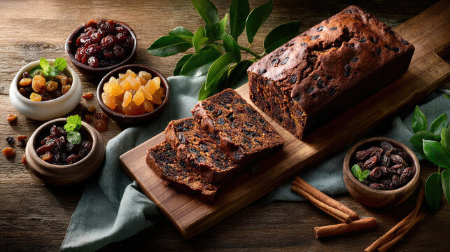 Fruit cake loaf with sliced pieces on a wooden board, dense with raisins, cranberries, candied orange and walnuts, surrounded by spices and brown sugar for holiday baking