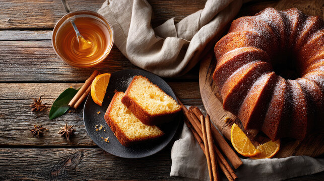 Rum cake presenting a delicious traditional bahamian dessert, a sweet bundt cake covered in powdered sugar, with spices, oranges, and rum syrup on a rustic wooden table