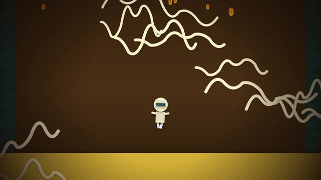 Papercut style mummy character floating in a golden tomb with abstract wavy lines and particles