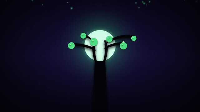 Papercut style apple tree silhouette against a glowing full moon in a dark night sky background