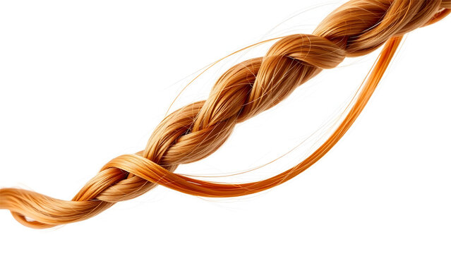 A close-up shot of a neatly braided strand of shiny golden blond hair isolated on a pure white background, showcasing smooth texture, healthy shine, and professional hair styling detail.