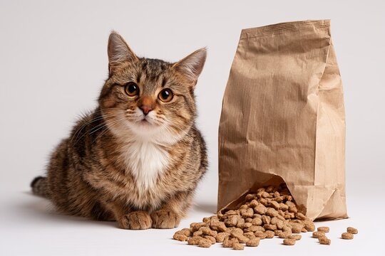Cute Tabby Cat Sitting Next to Open Brown Kraft Paper Bag with Spilled Dry Food Pellets Isolated on White Background Premium Pet Nutrition Concept
