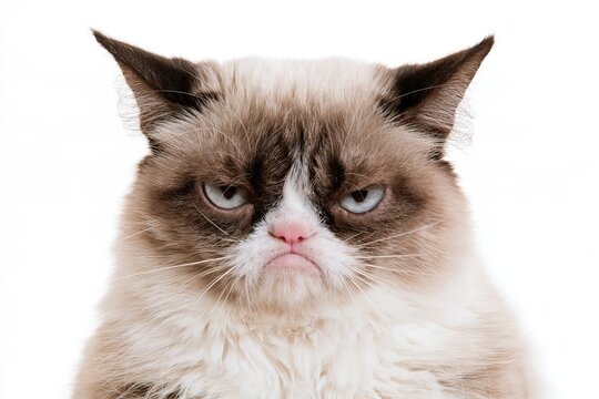 Grumpy Angrily Looking Fluffy Cat Close Up Head Portrait Isolated on White Background Annoyed Irritated Domestic Pet Concept