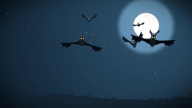 Cartoon halloween bats flying past a glowing full moon at midnight in dark spooky night sky animation