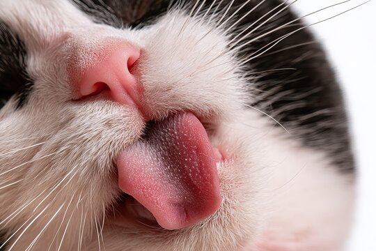 Macro Close Up View of Fluffy Tabby Cat Licking Its Nose with Long Pink Tongue Satisfied Pet After Delicious Meal Nutrition Concept
