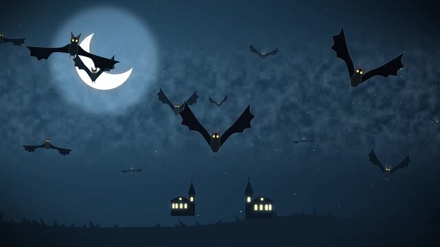 Spooky animated halloween bats flying over a village at midnight under a glowing crescent moon