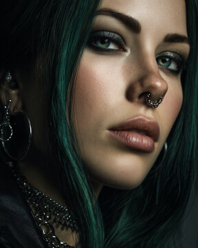 Young woman with green hair and septum piercing in close-up portrait