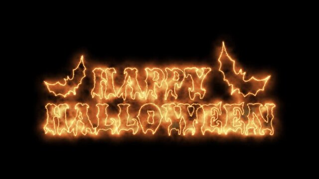 Neon fire outlines dripping Happy Halloween text and bat silhouettes against a black backdrop