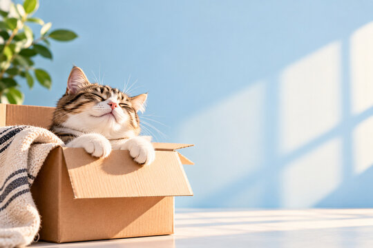 Relaxed tabby cat sleeping in cardboard box in sunny room