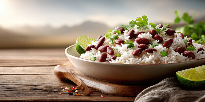 Belizean rice and beans: seasoned white rice with tender red kidney beans, fresh cilantro and lime garnish on a rustic wooden table - comforting, vibrant caribbean comfort food