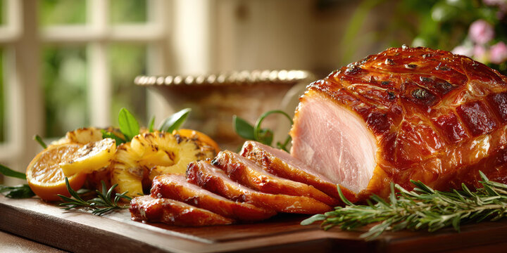 Glazed ham presenting a festive meal, savory pork roast serving as a centerpiece for holiday dining, preparing for christmas, thanksgiving, or easter dinner celebrations
