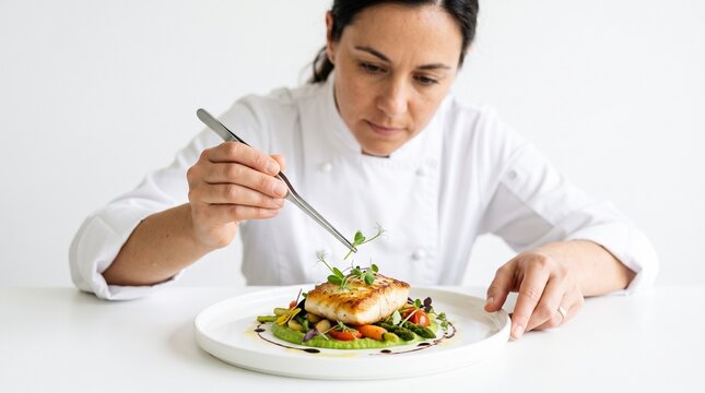Chef meticulously garnishing a gourmet fish dish with microgreens using tweezers