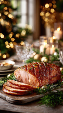 Honey glazed ham carving the center of a rustic christmas dinner table, surrounded by glowing candles, festive decor, and a twinkling holiday tree, creating a warm, inviting celebration ambiance