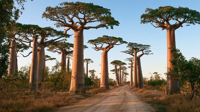 Avenue of Baobabs trees along dirt road at sunset in Madagascar.