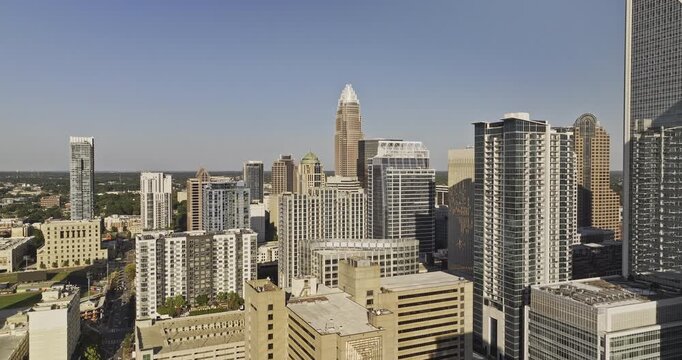 Charlotte North Carolina Aerial v132 low flyover South End across Third Ward in the City Center capturing stadium and downtown cityscape under cloudless sky - Shot with 5k Camera - Oct 1st 2023