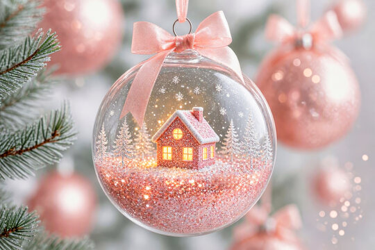 Christmas decoration with a pink cozy little house on a blurred Christmas background