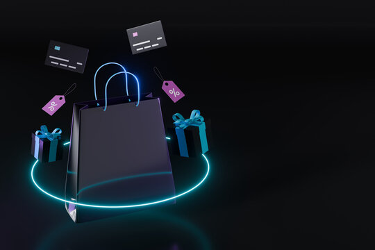 Cyber Monday Sale 3D Background with Shopping Bag, Neon Ring, Gift Boxes and Discount Tags