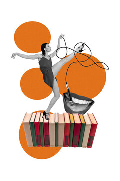 Creative trend artwork design 3D collage sketch of young lady dance book mouth sing song microphone party weekend occasion nightclub event