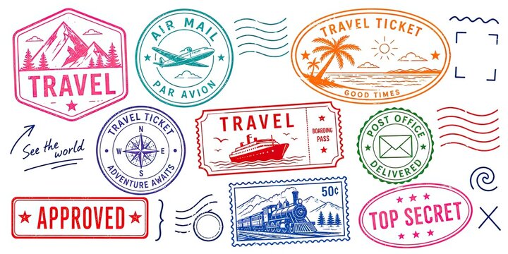 Collection of vintage travel stamps and rubber seals, including air mail and passport stamps for travel themed designs and scrapbooking.