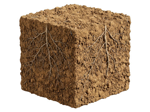 Soil cube with plant roots isolated on transparent background