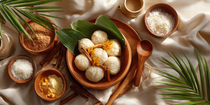 Traditional indian or asian sweet dumplings. Possibly pitha or modak. In a wooden bowl. Surrounded by exotic spices. Rice. And a palm leaf