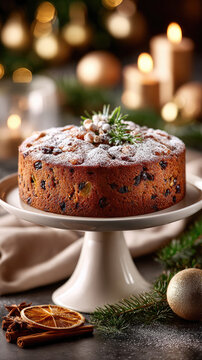 Christmas fruit cake presenting festive holiday dessert with traditional decor, glowing candles, and warm bokeh background creating a cozy atmosphere